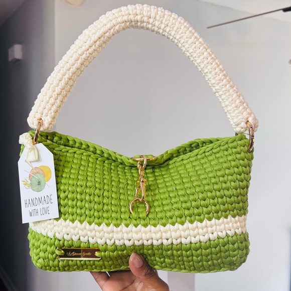 Handbags - 102-Stylish Handmade Green and Off-White Crochet Shoulder Bag